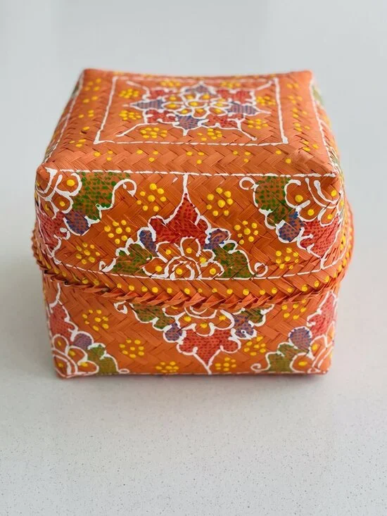 Vintage Indonesian Orange Hand Painted Woven Offering Basket with Lid 7”