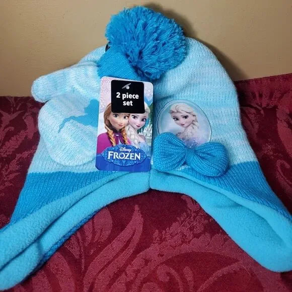 Disney Frozen OSFM Beanie Mittens Set Girls Blue Elsa Anna Winter Hat‎ 2pc NWT