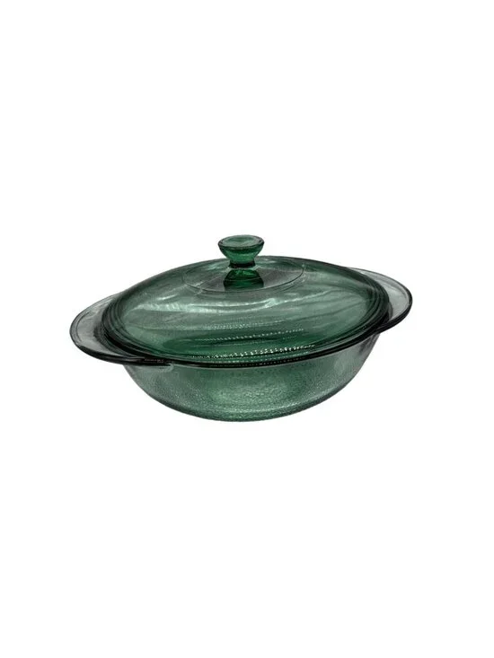 Anchor Hocking Vintage Green Glass Covered Casserole Dish 2 Quart Textured Bubbl