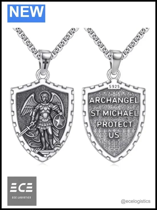 Sterling Silver Saint Medal Necklace Oval Archangel Pendant Religious
