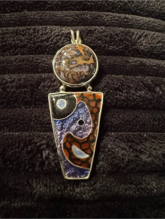 Sterling-Inspired Purple and Brown Abstract Enamel Pendant