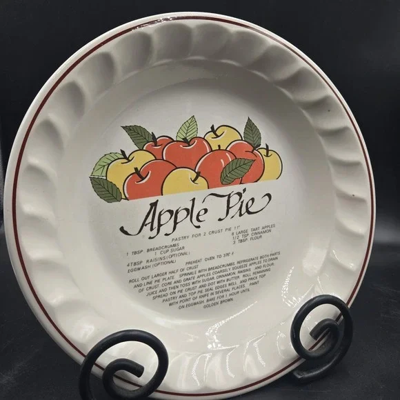 Vintage Ceramic Apple Pie Recipe Pie Dish Plate 10.5 Inch‎ Scalloped Cottagecore