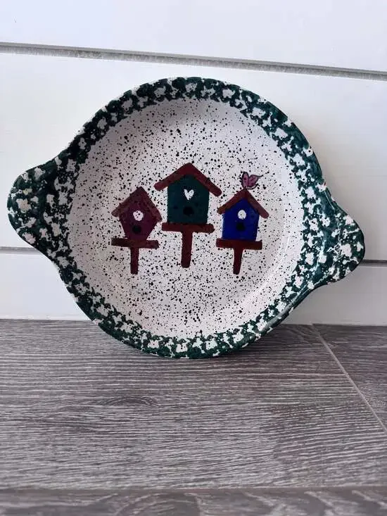 Vintage Hand Painted Pie Plate Green Spongeware Stoneware