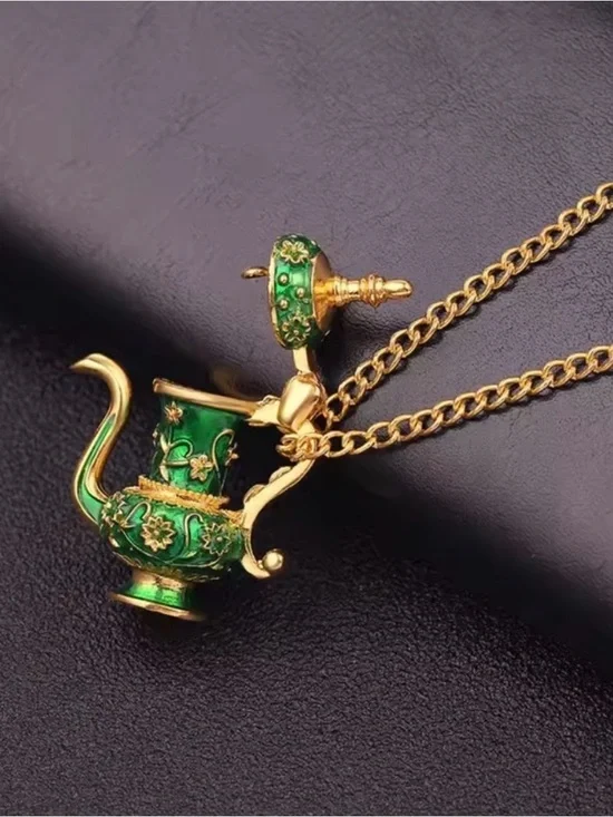Vintage Green Teapot - Gold Enamel Long Chain Beautiful Necklace