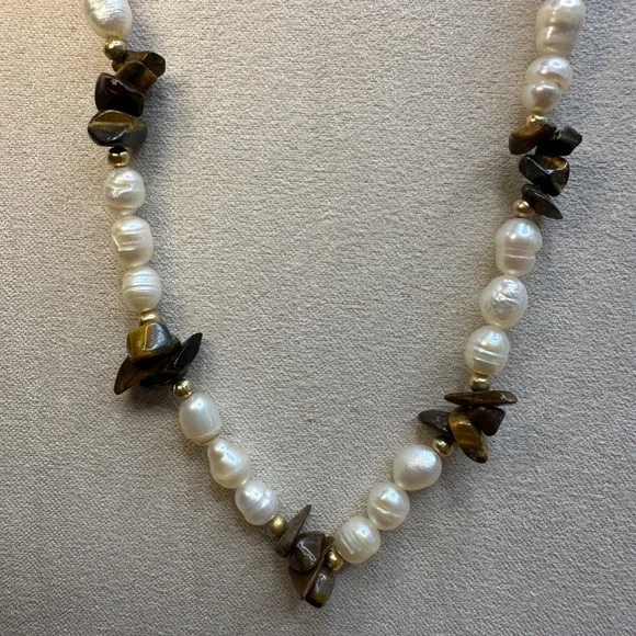 Women Necklace White Brown Freshwater Baroque Pearl Tiger Eye Boho Earthy