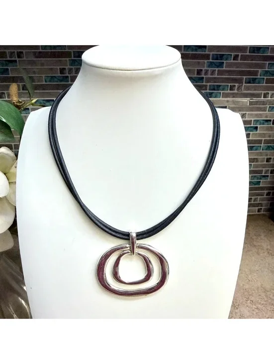 Chico's Silver Tone Double Open Circle Pendant Necklace Black Cord Statement