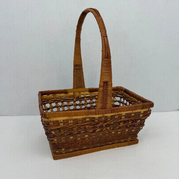 Vintage Wicker Basket Rectangular Woven Handle Brown Tan Decorative Storage