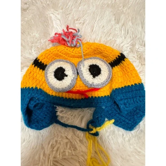 Handmade Crochet Minion Beanie Kids Yellow Blue Earflap Hat Character Knit Cap