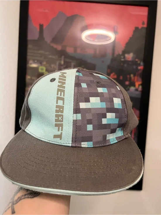 Minecraft Hat Vanilla Underground M / L Boys Blue Grey Snapback Damaged