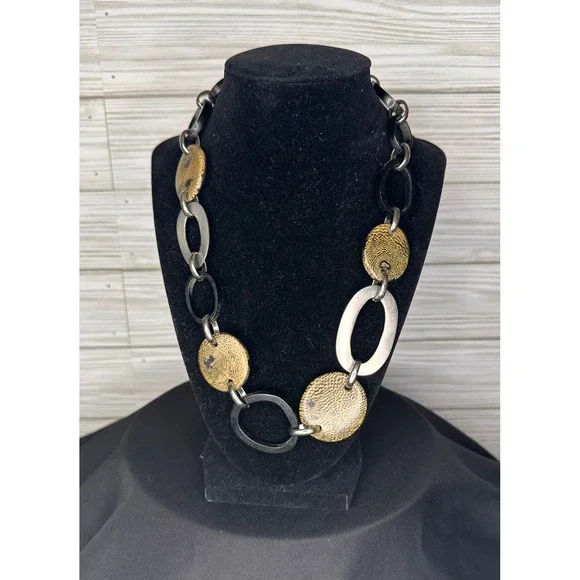 Mix Culture Gold & Black Chunky Link Statement Disc Necklace Excellent