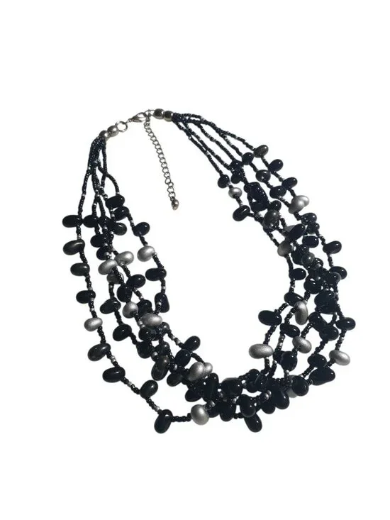 Black Silver Beaded Multistrand Necklace Layered Adjustable 16.5 In 3 In Extensi