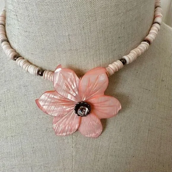 Sterling silver pink abalone flower beaded necklace