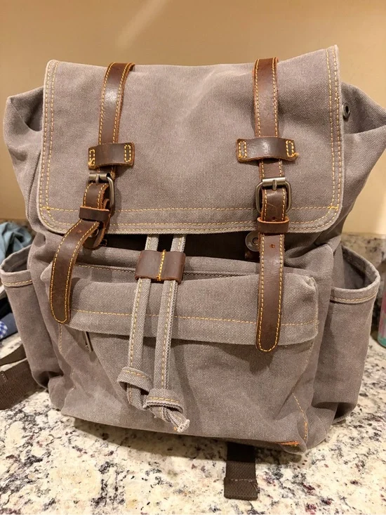 Casual Canvas Backpack with Brown Leather Straps - Gray