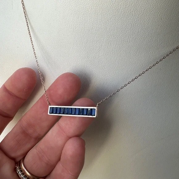 Elegant rose gold late over silver Blue stone Bar Necklace