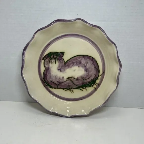 Art Pottery Pie Dish Purple Kitty Cat Ruffled Edge Signed Ceramic 10