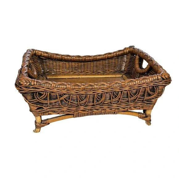 Vintage Footed Rattan Wicker Basket Tray Handles Wooden Base 17