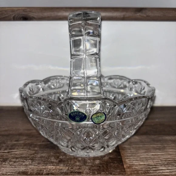 Bohemia Czech Republic Lead Crystal Clear Cut Glass Basket with Handle