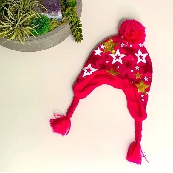 Pink metallic gold Star Pom Pom Winter Trapper Hat Ear Cover o/s