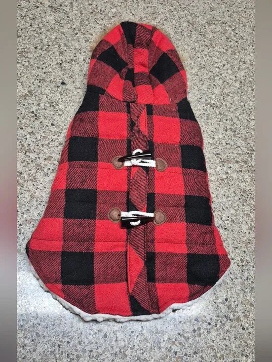 Vibrant Life Dog Coat Small Red Black Plaid Buffalo Check Fleece Faux Fur Hood