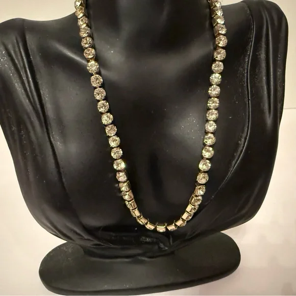 VINTAGE NECKLACE RHINESTONE ROUNDS GOLD PRONG SET CHOKER 16”