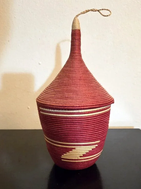 Lidded basket; handmade Rwandan craft; red & cream; Certificate of Authenticity