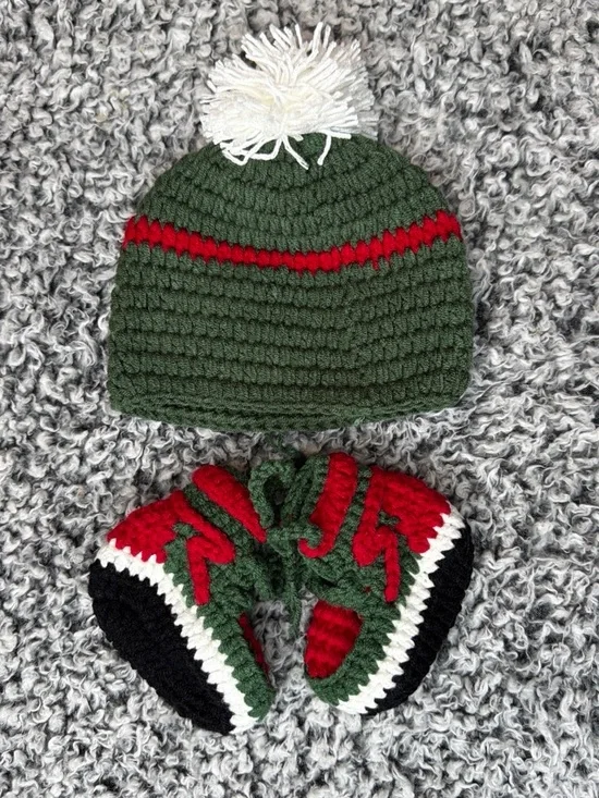 Cozy Kids Green Crochet Beanie with White Pom and Red Stripe