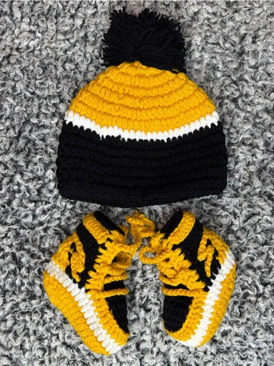 Handmade Kids Yellow & Black Crochet Beanie and Bootie Set