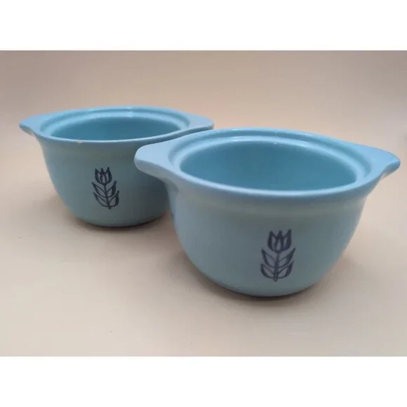 Lot Of 2 Vintage Cronin Blue Tulip Sugar Bowl/Mini Casserole Bake Oven USA 1950s
