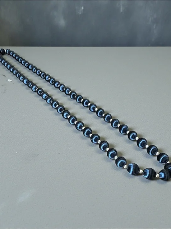 Vintage Black Satin Wrapped Bead Necklace 30” + Gold Tone Spacers 70s 80s