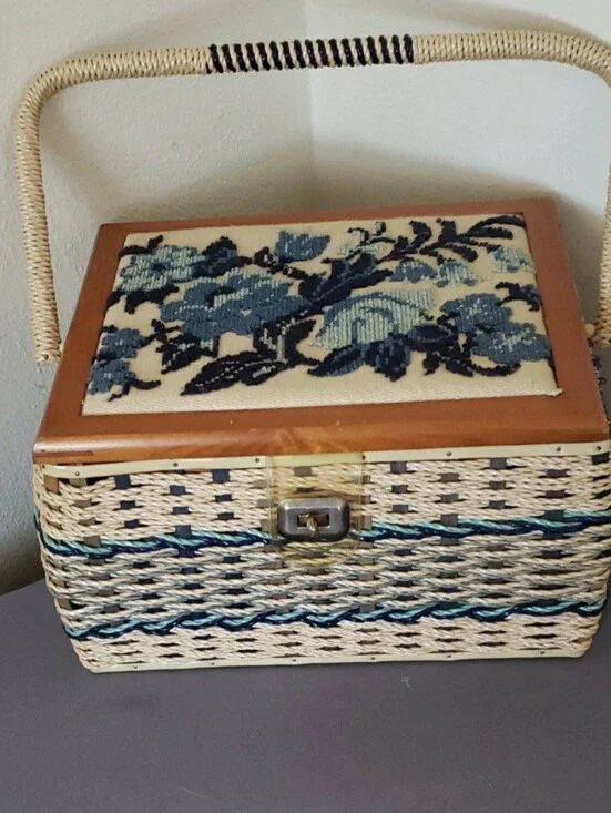 Woven Straw Sewing Basket Vintage with Blue Floral Needlepoint Lid from JcPennys