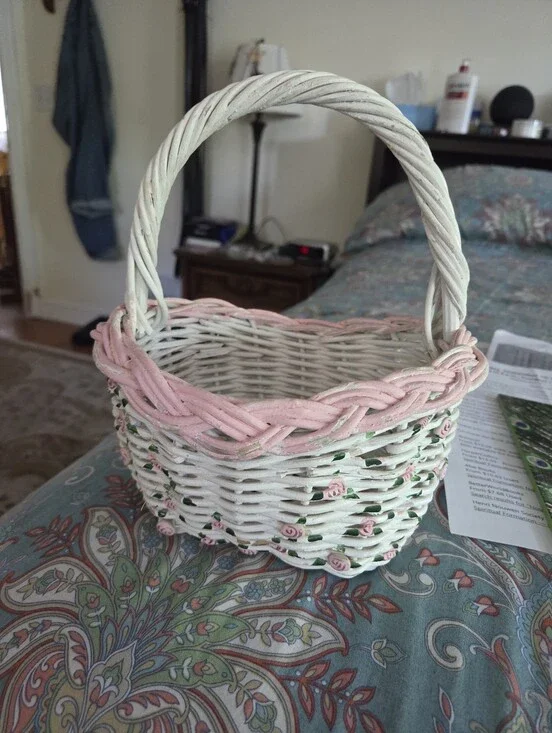Vintage White and Pink Woven Decorative Rosebud Basket with Handle