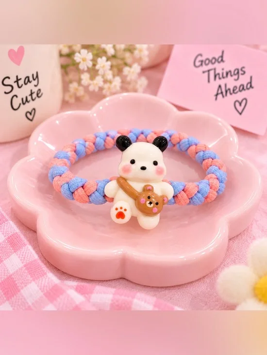 Cute Panda Bear Character Braided Friend Bracelet Blue Pink Teddy Bag Charm NWT