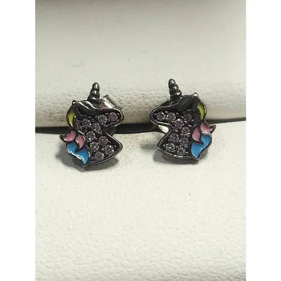 Sterling Silver Unicorn Stud Earrings with Pastel Enamel & Clear Rhinestones