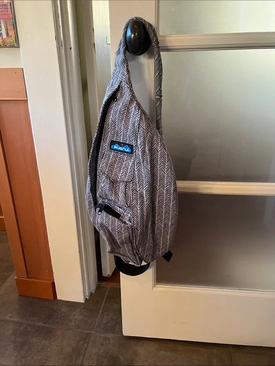 Kavu Grey Herringbone Sling Backpack with Blue Logo