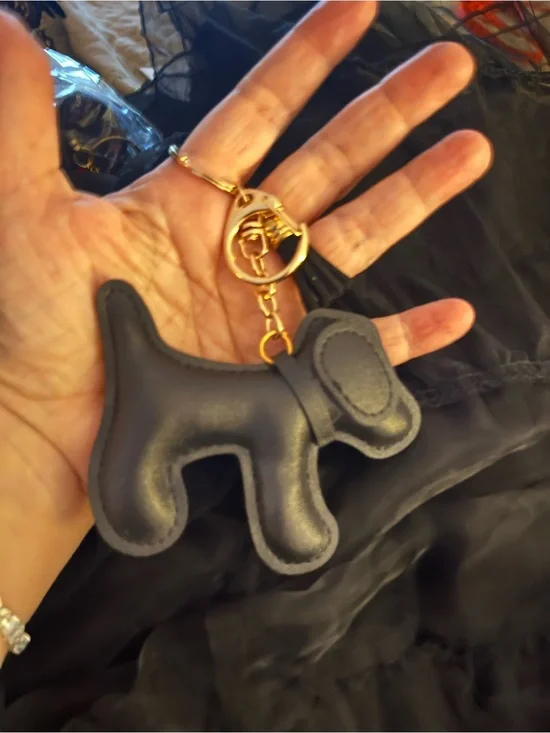 Black Dog-Shaped Leather Keychain/Purse Charm with Gold Hardware