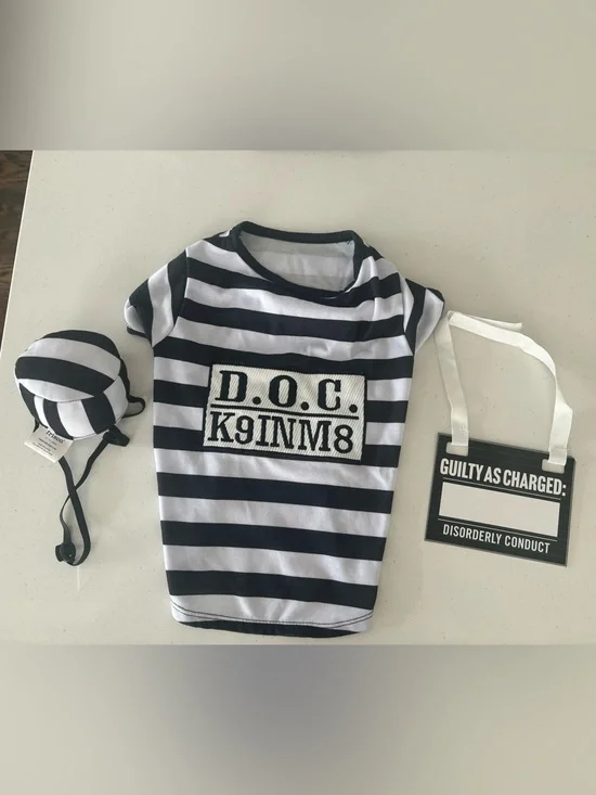 Dog inmate Halloween costume with hat and guilty sign