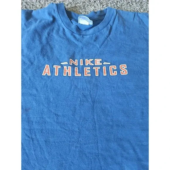Vtg Nike Athletics Mens Blue Tshirt Orange Letter Red Swoosh Tag