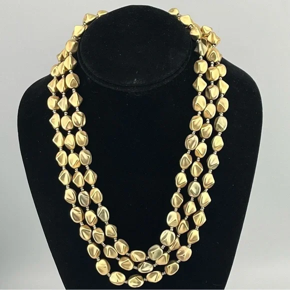 Chico's Matte Gold 3, Three, Triple Stran Chuckie Layered Bib Fashion Necklace