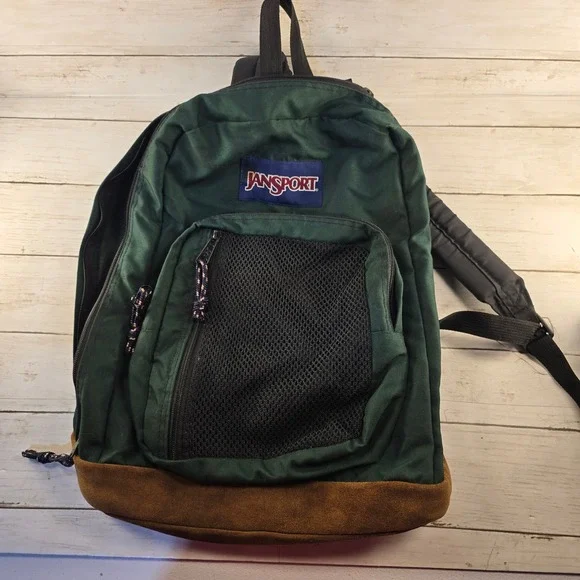 VTG 90's JanSport Backpack Forest Green Canvas Suede Leather Bottom Mesh Pocket