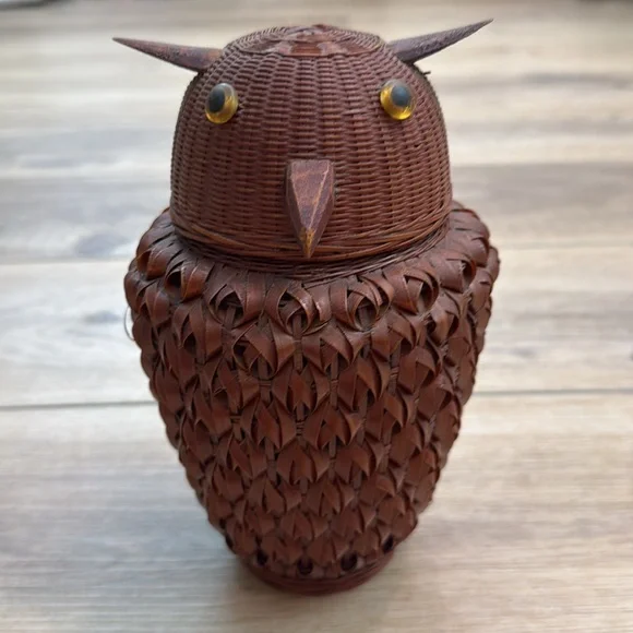 Vintage Owl Basket Jar Figural Wicker Owl Boho‎ Woodland Cottagecore Cabin