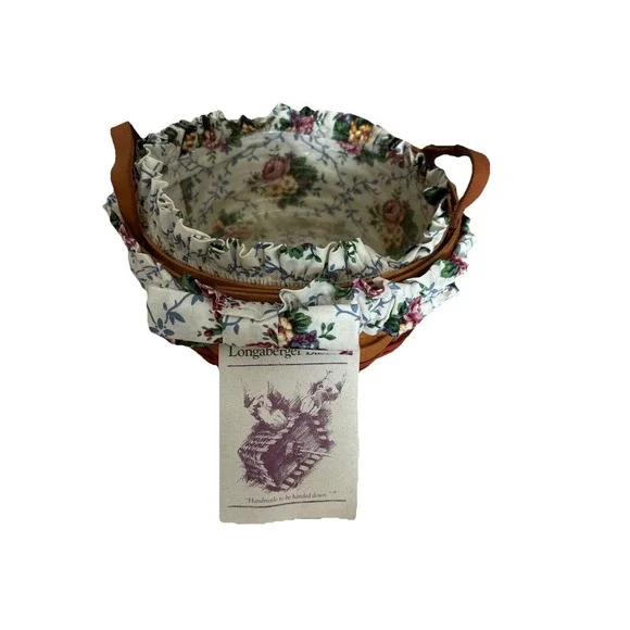 Longaberger 1995 Round Basket with‎ Leather Handles, Floral & Plastic Insert