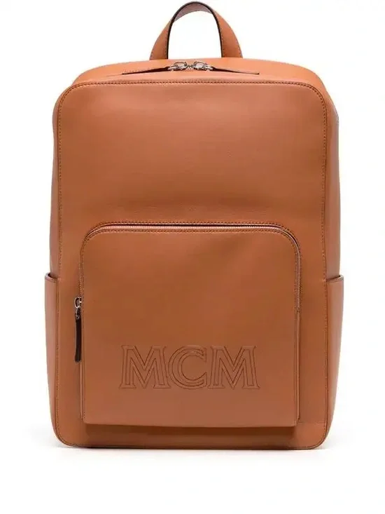 MCM Aren Cognac Leather Backpack with Front Logo Pocket