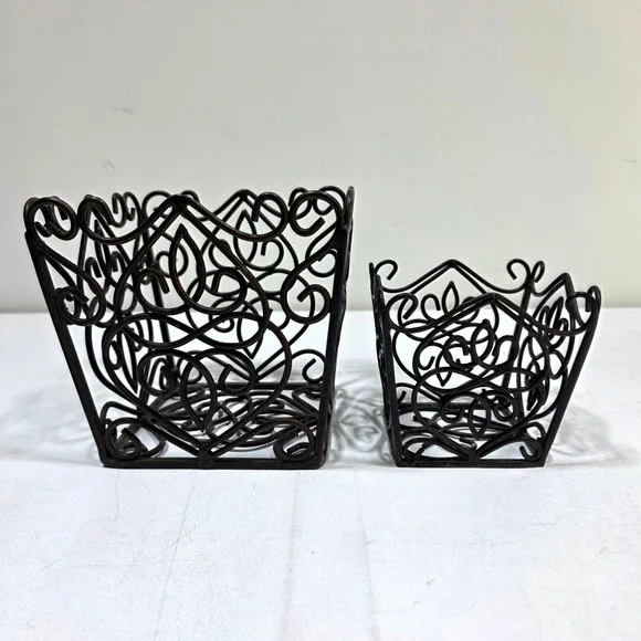 Wire Basket Farmhouse Set S/M Brown Scrollwork Wrought Iron Decor Chic Storage