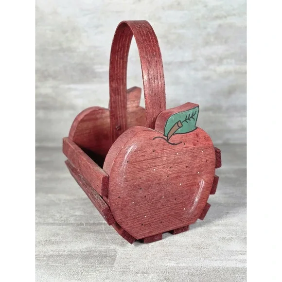 VTG hand-painted Red Wooden apple shaped basket carry handle Cottagecore Rustic