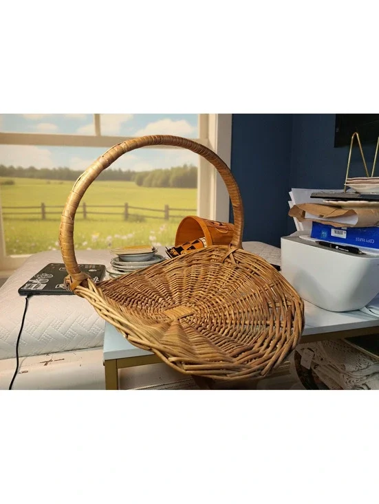 Vintage Large Hand-Woven Arched Handle Wicker Flower Gathering Basket 15