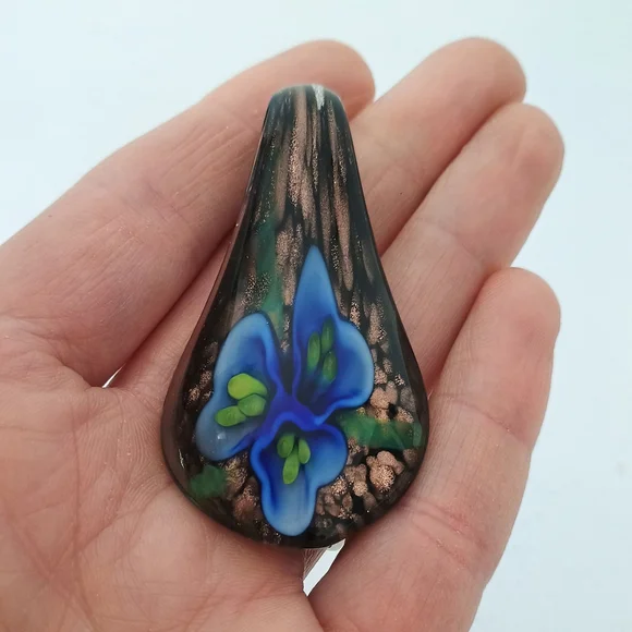 Lampwork Glass Teardrop Spoon Pendant Blue Lily Flower Gold Black