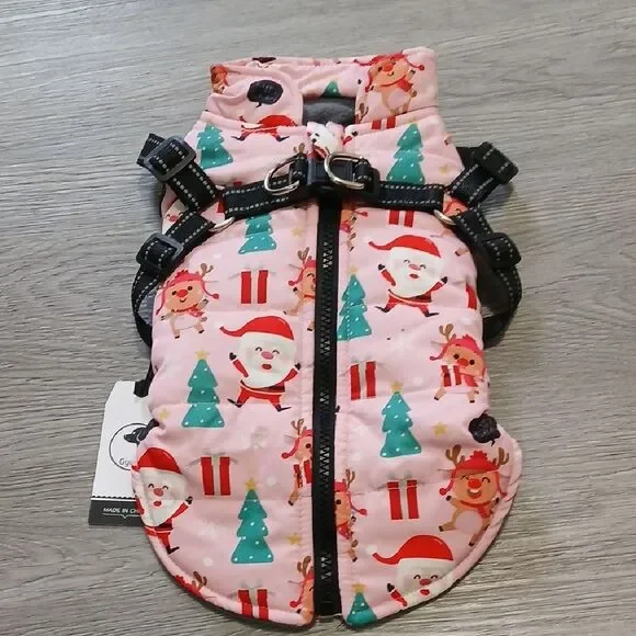 Gyuzh Festive Pink Dog Waterproof Jacket with Santa Print with harness Sz S NWT