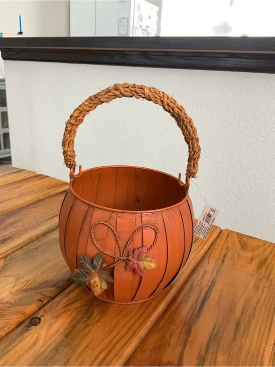 Autumn Orange Decorative Metal Basket with Woven Handle