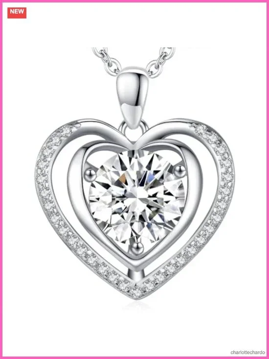 Moissanite Heart Pendant Necklace 925 Sterling Silver Platinum Filled