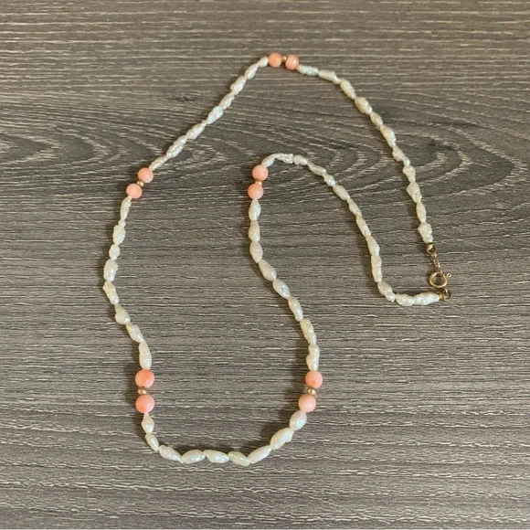 Vintage Genuine Rice Pearl Coral Beach 14K Gold Necklace 17” Strand Angel Skin